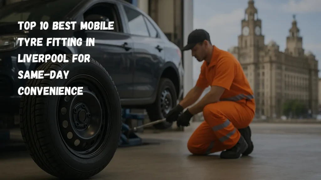 A technician performing mobile tyre fitting in Liverpool, changing a car tyre on-site