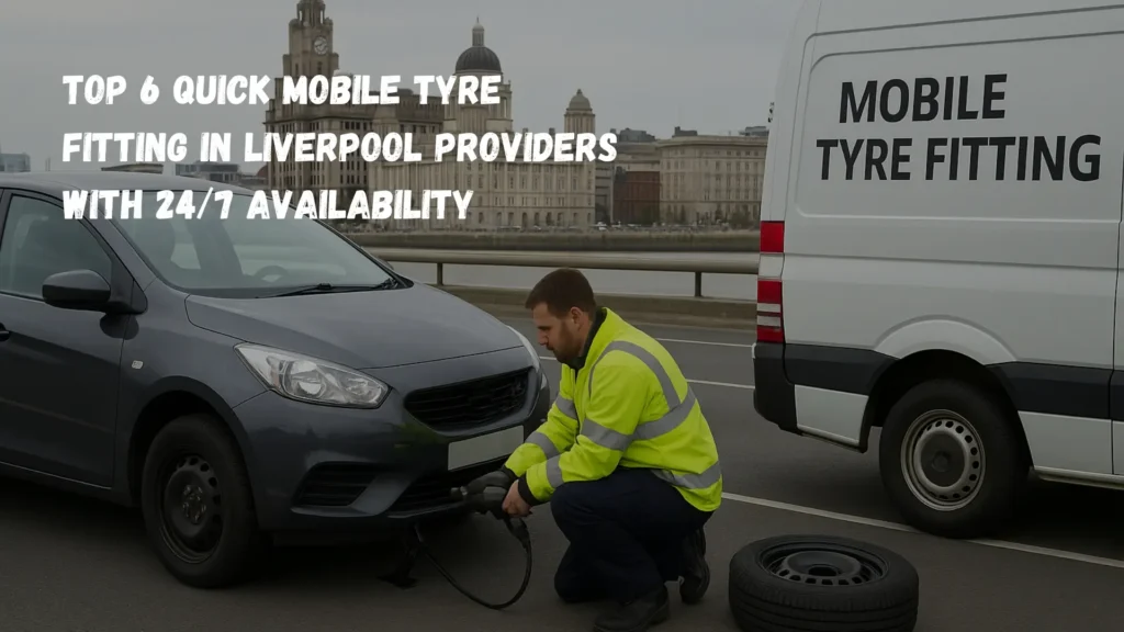A mechanic performs mobile tyre fitting in Liverpool on a roadside car with the Royal Liver Building in the background.