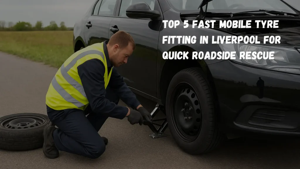 Mobile tyre fitting in Liverpool showing a roadside technician replacing a flat tyre on a car with professional equipment.
