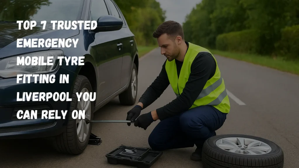A mobile tyre fitting technician in Liverpool replacing a car tyre on the roadside with tools and spare tyre beside him.