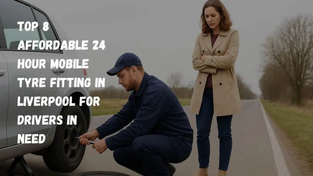 Technician providing mobile tyre fitting in Liverpool on a roadside car while the driver waits