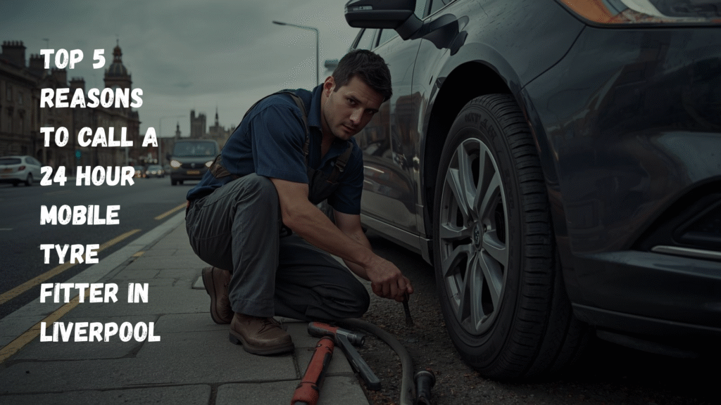 Prime Road Tyres technician fixing a car tyre on the roadside during a 24 hour emergency mobile tyre fitting in Liverpool.