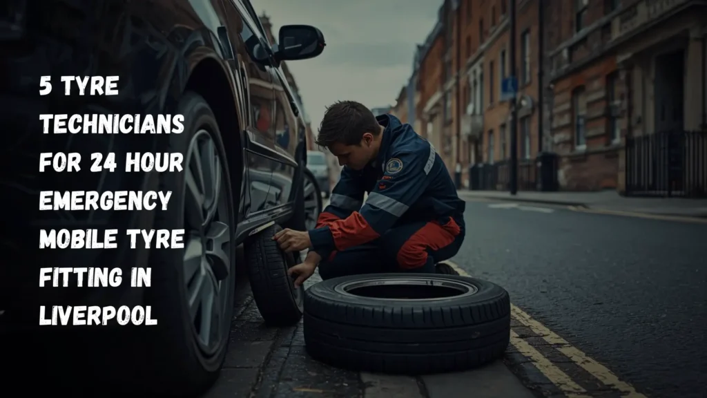 Technician from Prime Road Tyres fixing a car tyre on the roadside during 24 hour emergency mobile tyre fitting in Liverpool
