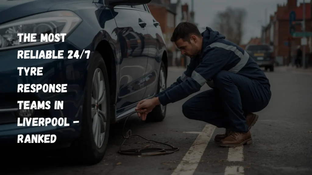 Technician fixing a car tyre on the roadside during a 24 hour emergency mobile tyre fitting in Liverpool service.