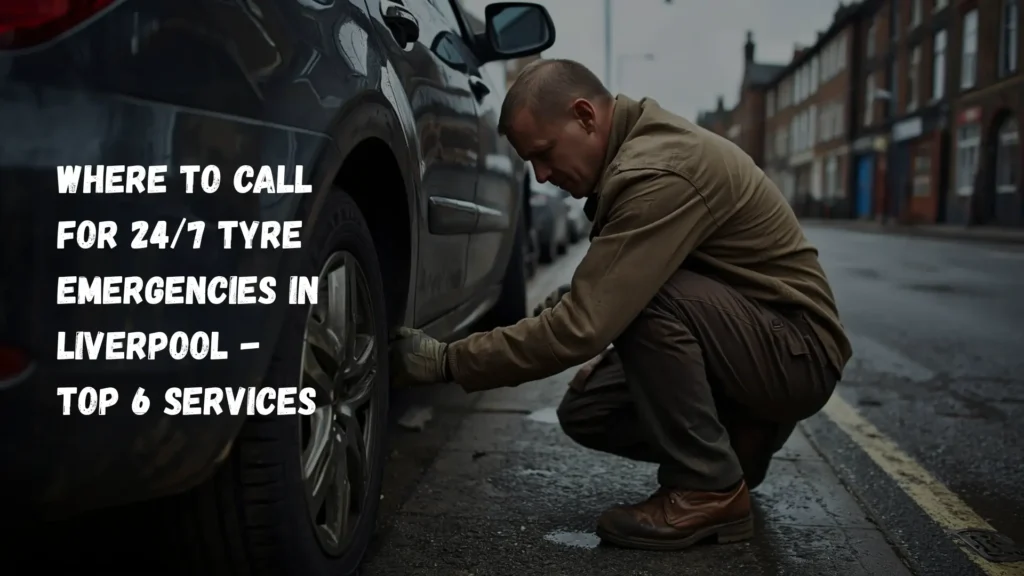 Worker from Prime Road Tyres fixing a car tyre on the roadside, providing 24 hour emergency mobile tyre fitting in Liverpool.